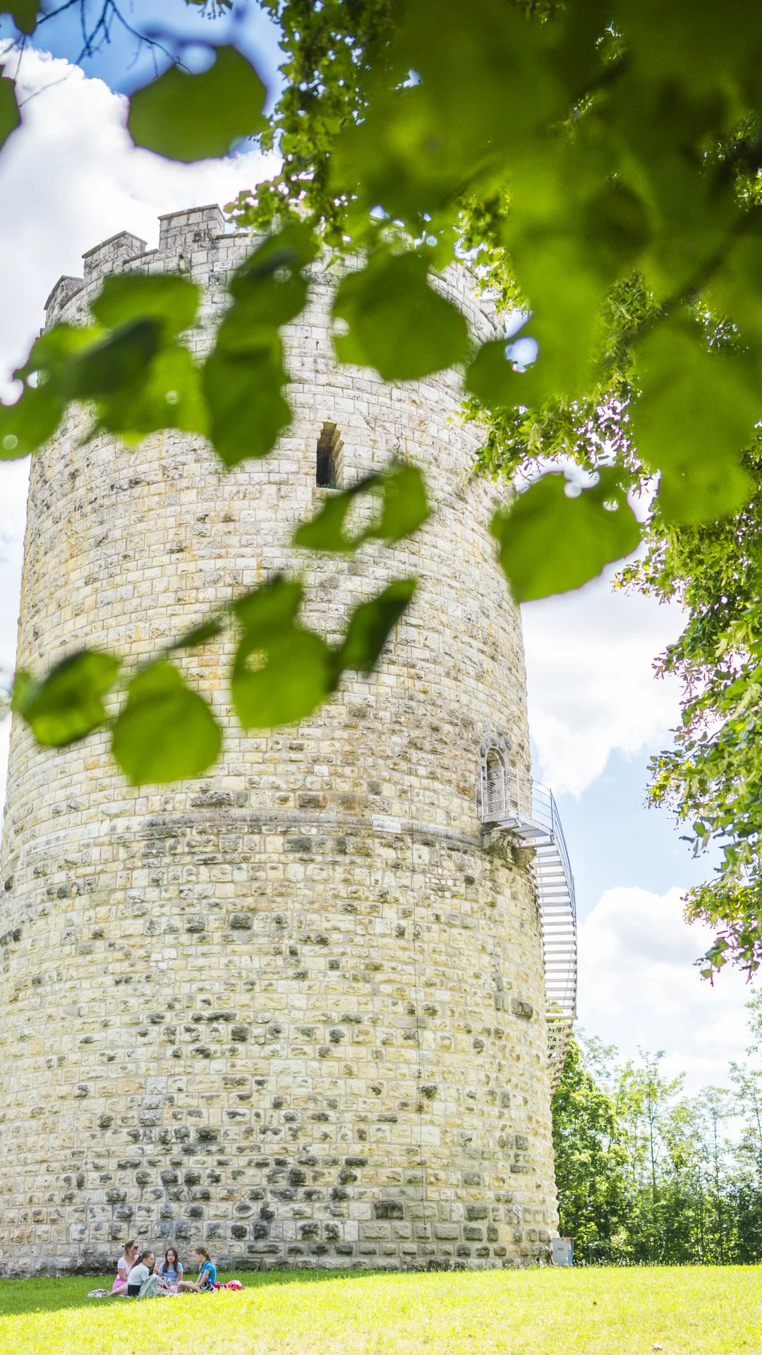 Ein runder Steinturm steht auf einer Wiese, umgeben von Bäumen und Blättern im Vordergrund.