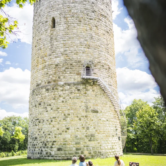 Eine vierköpfige Familie sitzt auf einem Baumstamm auf einer Wiese. Rechts auf dem Baumstamm ist ein Picknickkorb. die Familie blickt auf den Heinrichsturm. Der Himmel ist weiß-blau und die sonne scheint.